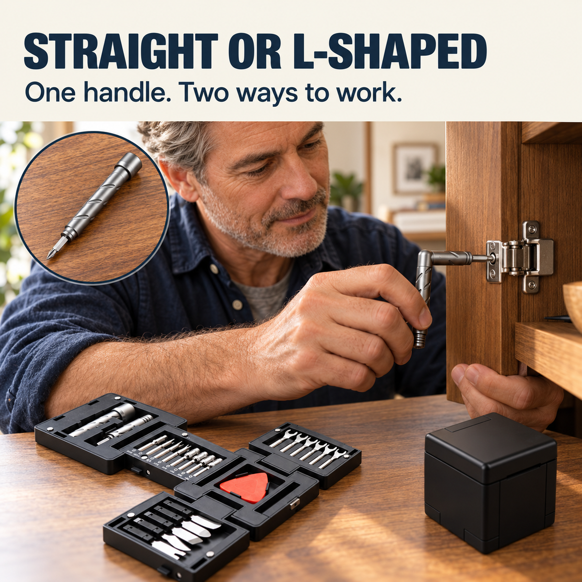 Convertible magnetic screwdriver handle in straight and L-shaped configurations