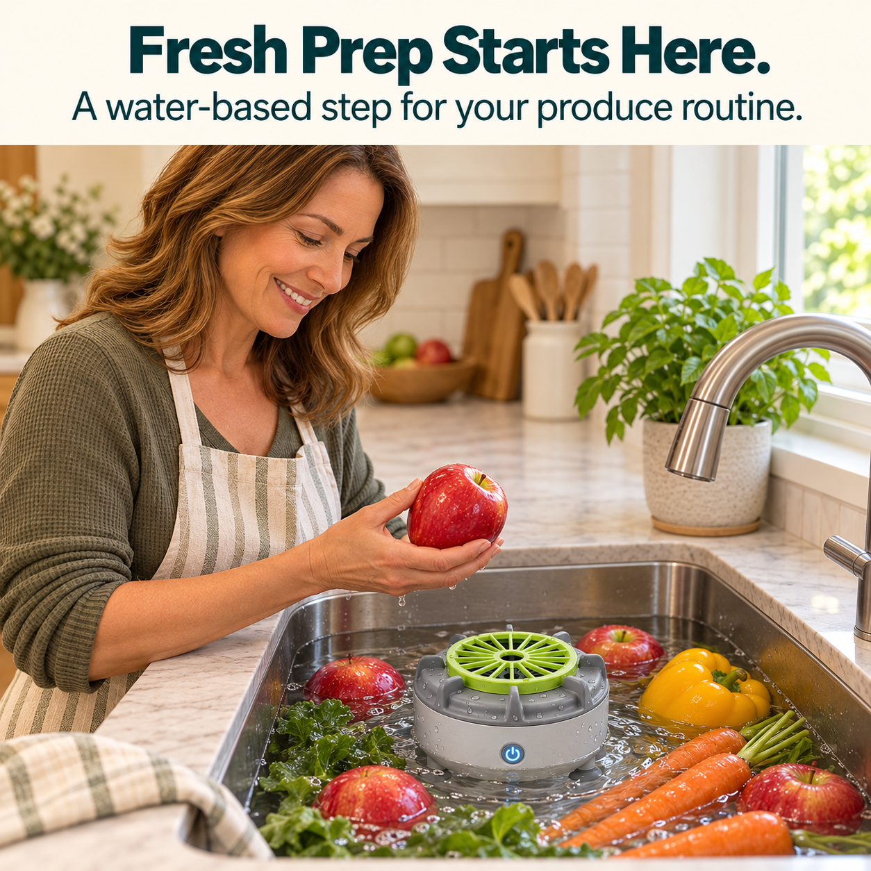 Compact fruit and vegetable washing device — produce preparation with model