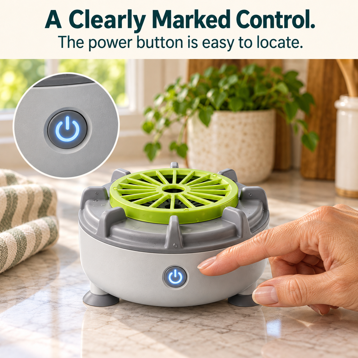 Compact fruit and vegetable washing device — front power control