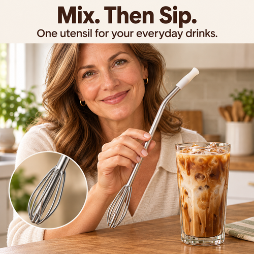 Whisk-on-a-Straw Combo Utensil - Kitchen & Bar Mix & Sip Drinking Gadget for Coffee