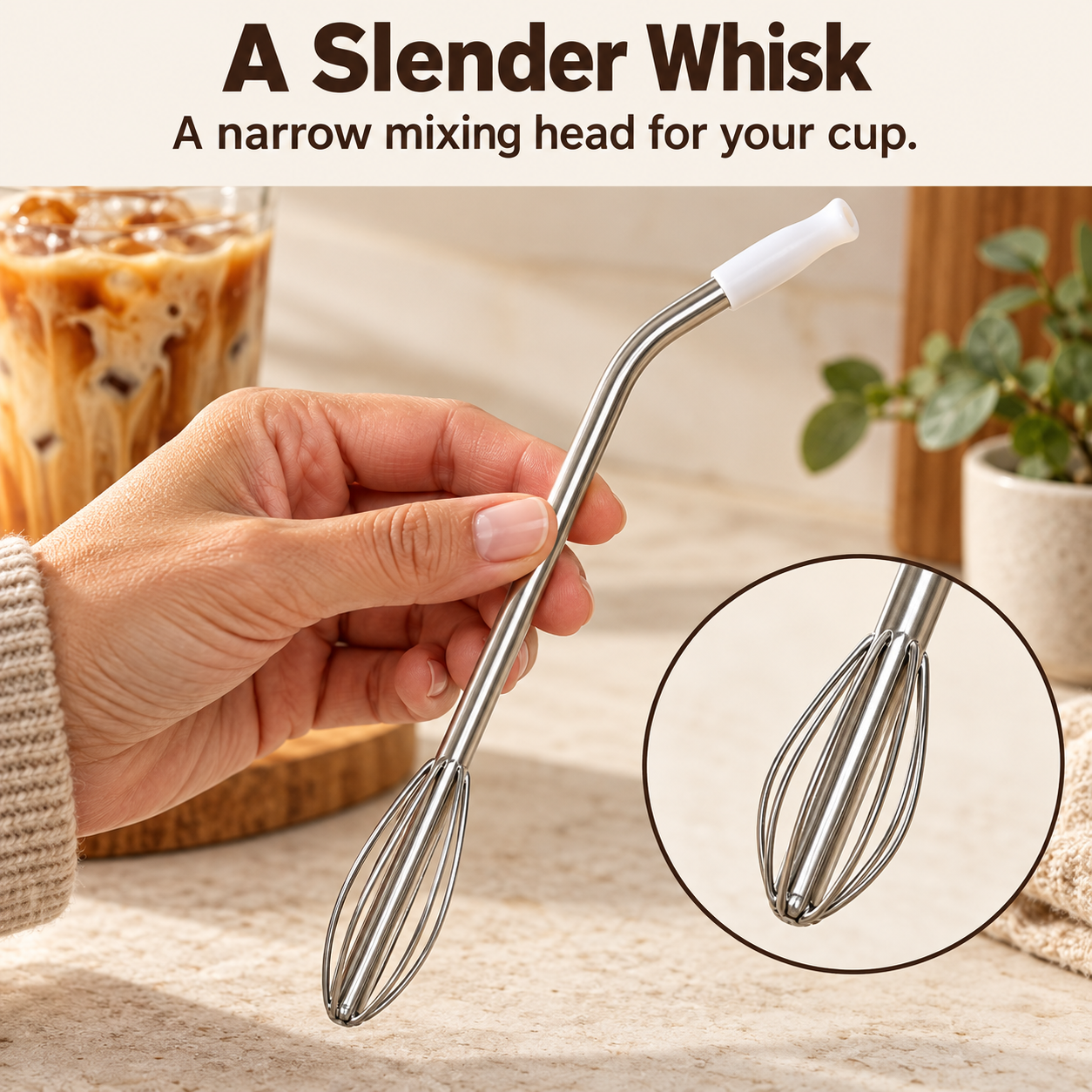 Slender integrated wire whisk with a circular close-up of the mixing head