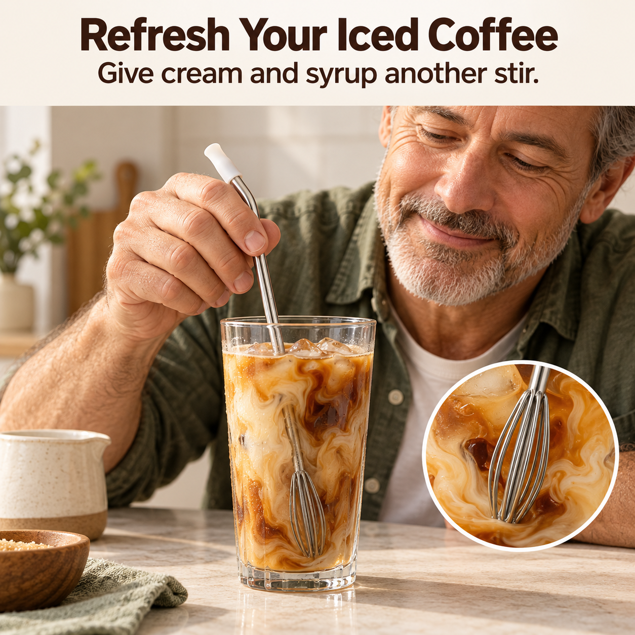 Mature man manually stirring an iced coffee with the whisk straw inside the glass