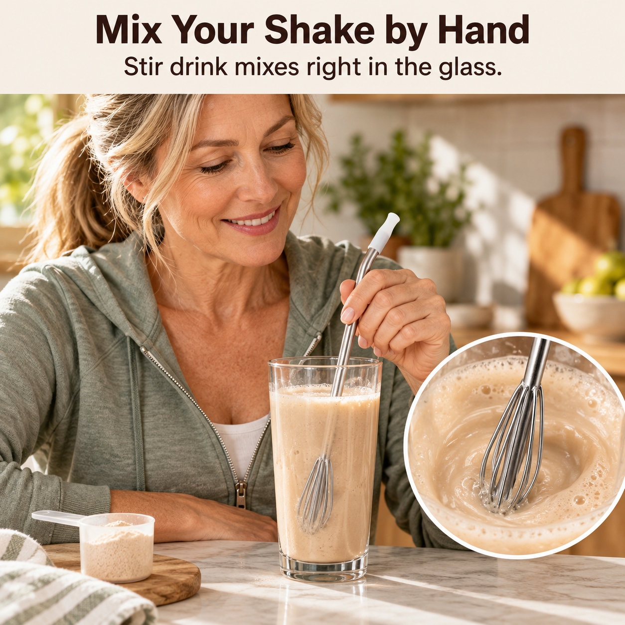 Mature woman mixing a drink powder by hand with a whisk straw