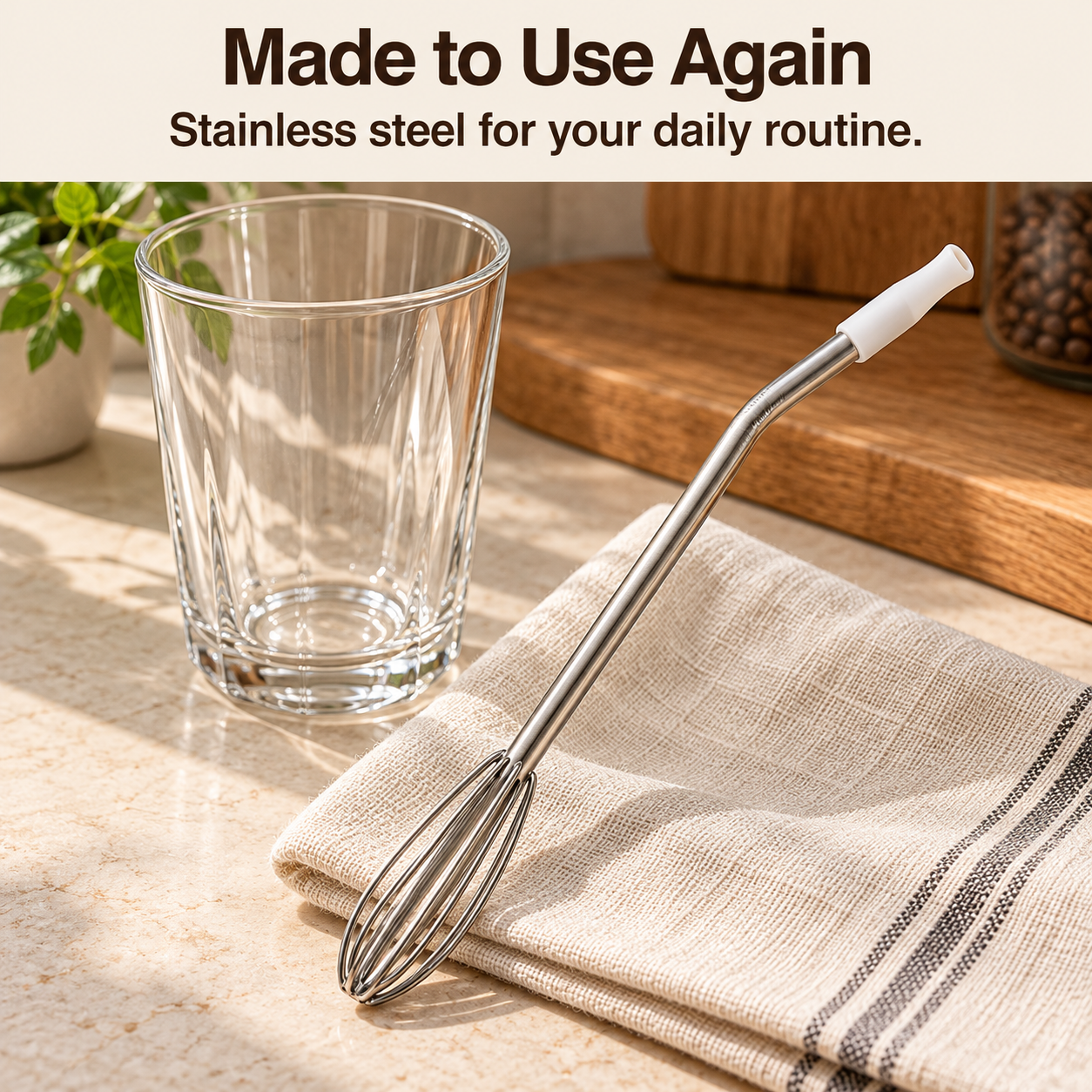 Reusable stainless steel whisk straw with a white covered tip beside an empty glass