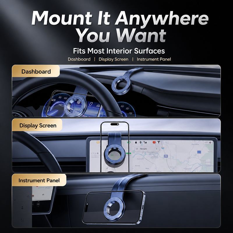 Versatile magnetic car mount on dashboard, screen, and panel
