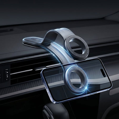 Foldable magnetic car phone mount attached to car dashboard