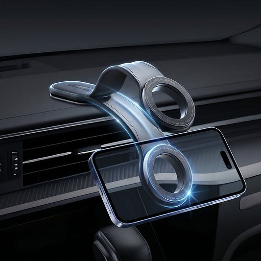 Foldable magnetic car phone mount attached to car dashboard